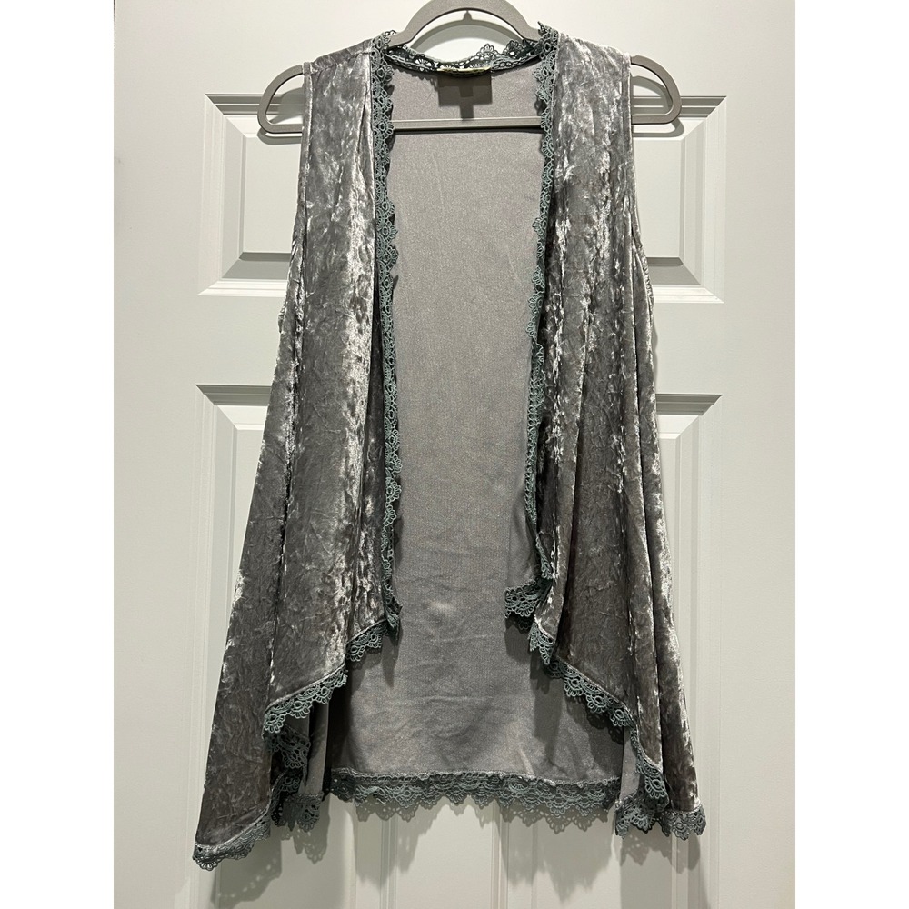 Listicle Gray Velvet Lace Trim Open Front Vest Cardigan Women's Medium